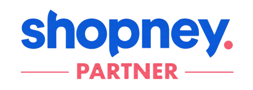 Shopney Partner logo with blue and pink text and design elements.