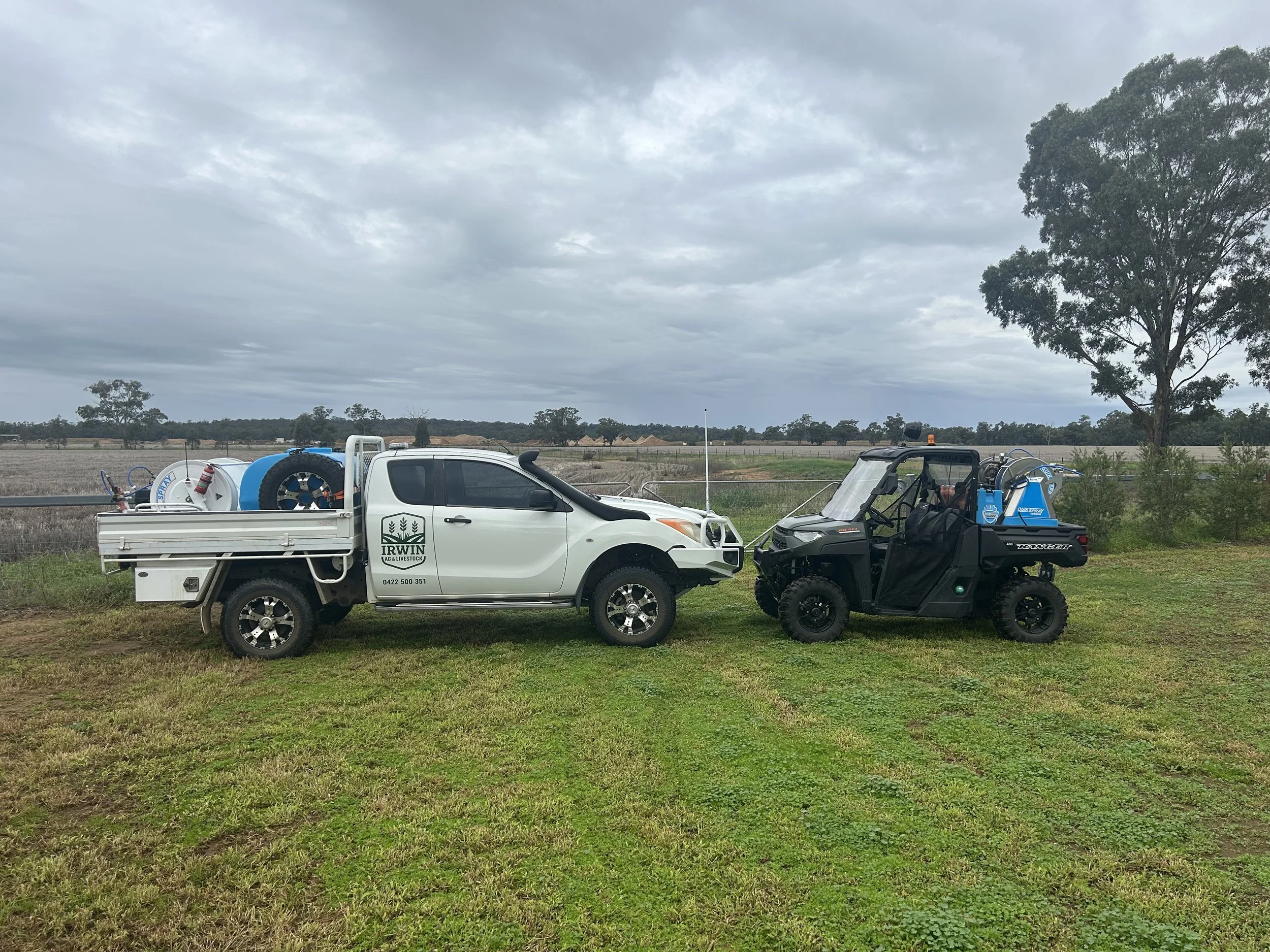 Ute and buggy both fixed with spraying equipment for spraying and regenerative agriculture projects.