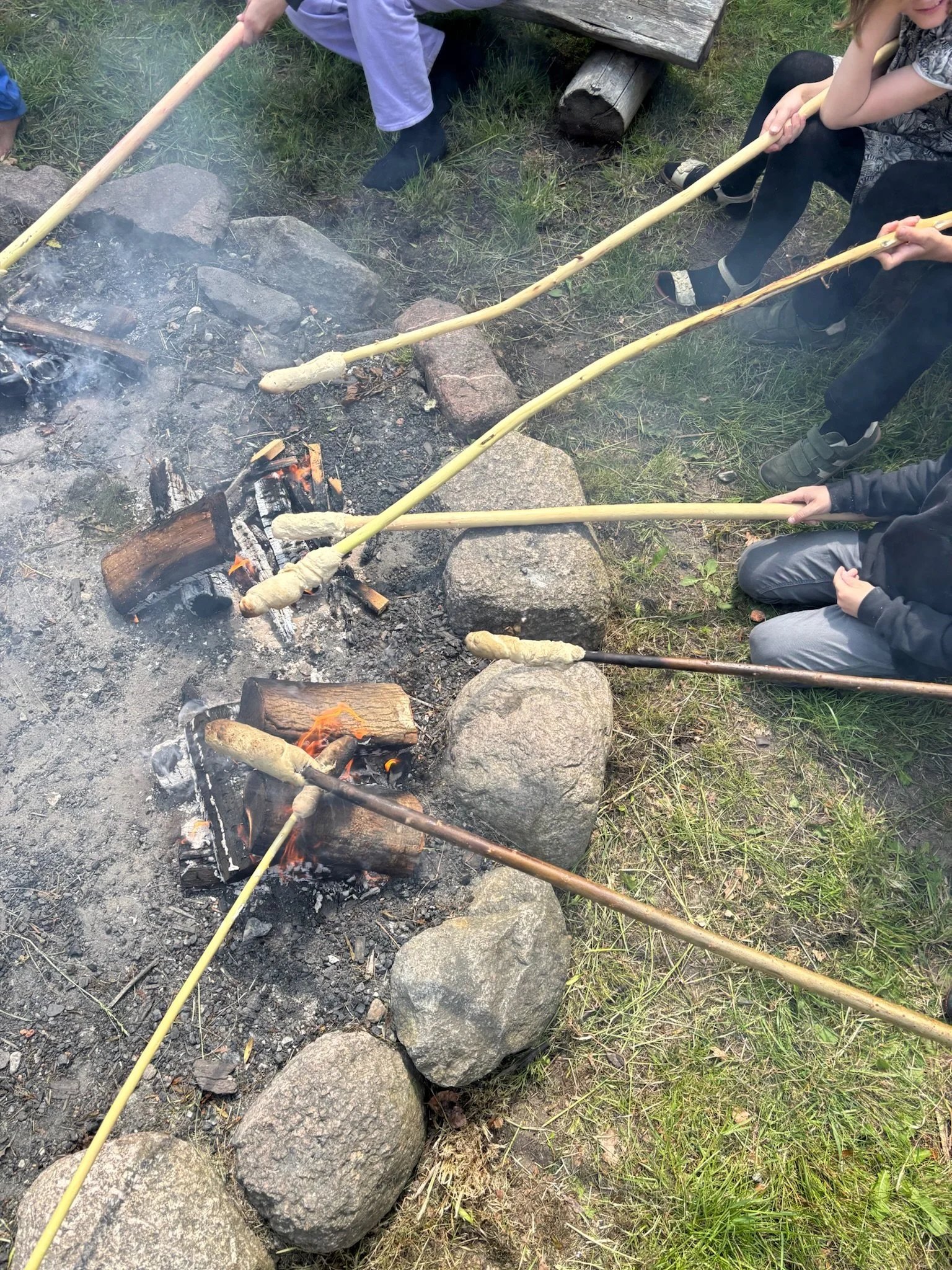 Børn der rører ved varme pølser over et bål med stokke i en have.