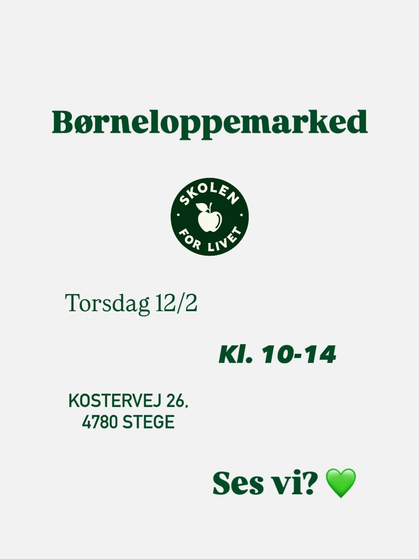 Vi gentager sommeren succes med et nyt loppemarked i vinterferien ♻️ 

Torsdag d. 12/2 kl. 10&ndash;14 sl&aring;r Skolen for Livet d&oslash;rene op til et hyggeligt b&oslash;rneloppemarked &ndash; og alle interesserede er meget velkomne 💚 

Kom og g