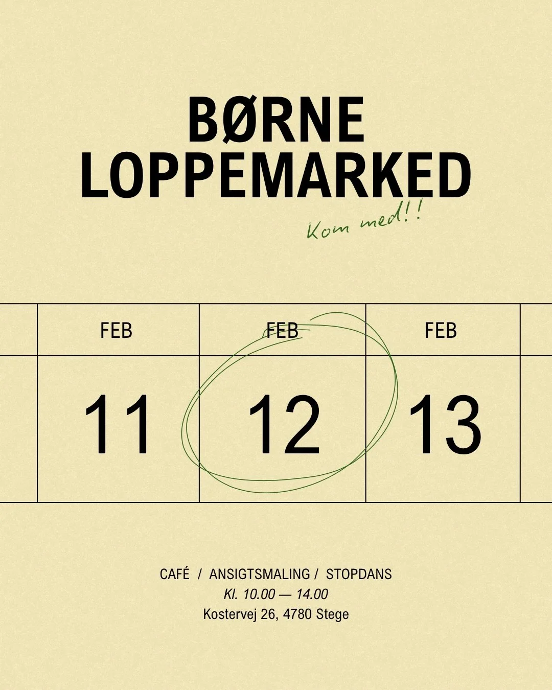 Kom med til vores b&oslash;rneloppemarked om bare 4 dage 💚

Loppefund, &oslash;kologisk caf&eacute;, ansigtsmaling og stopdans &ndash; en dag fyldt med liv, bev&aelig;gelse og f&aelig;llesskab.

Der er stadig f&aring; ledige stande tilbage, hvis du 