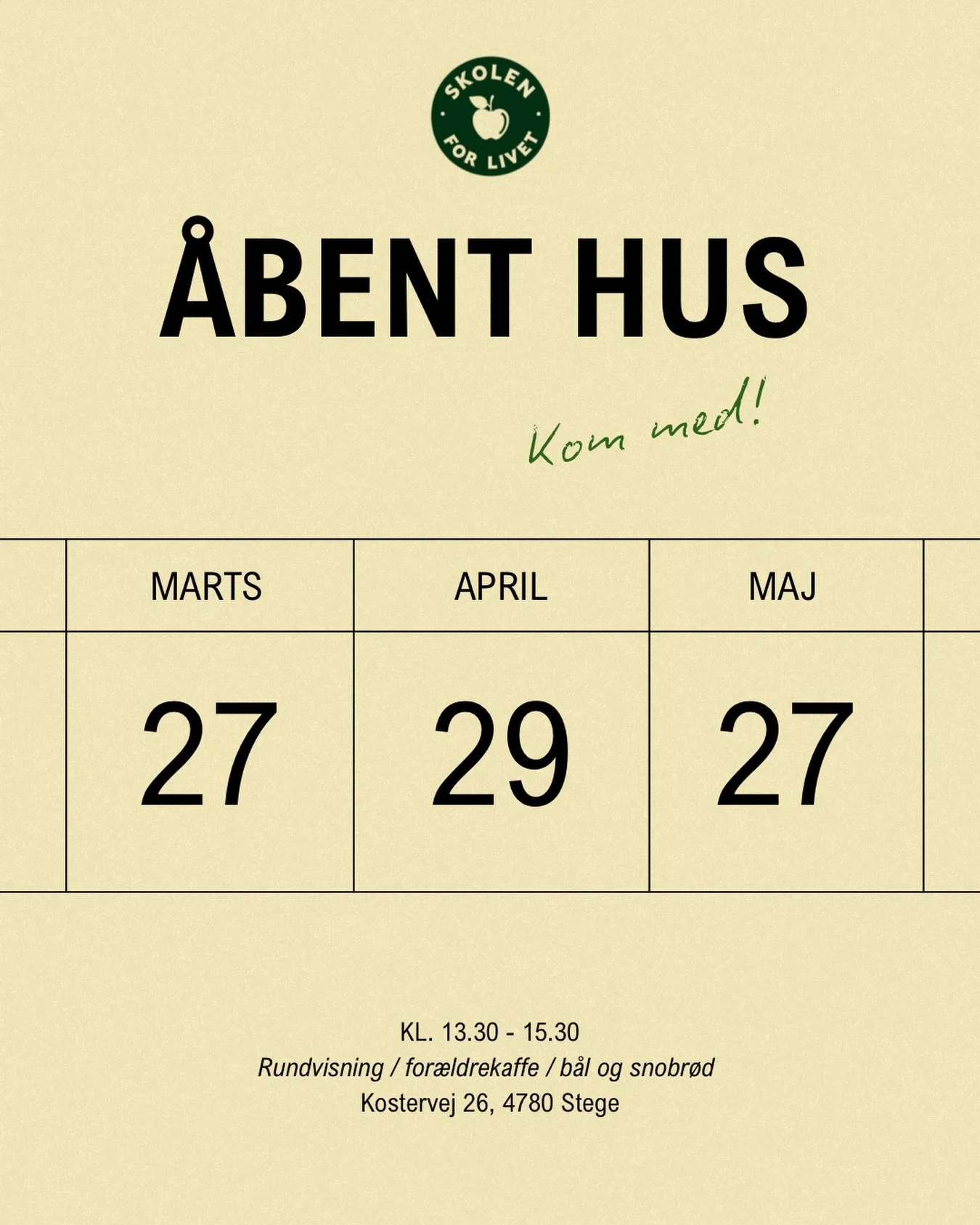 S&aelig;t kryds i kalenderen 🌱
Vi holder &Aring;bent Hus p&aring; Skolen for Livet.

Kom og oplev skolen, f&aring; en rundvisning, tag en snak med os og nyd kaffe og snobr&oslash;d over b&aring;l.

Alle er velkomne 💚 

#skolenforlivet #&aring;benth