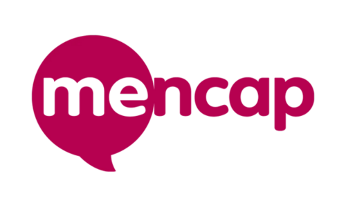 Mencap logo in pink text with a speech bubble outline.