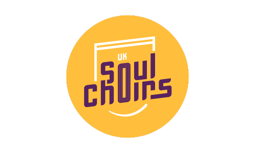 Logo of UK Soul Choir featuring a yellow circle background with white and purple text and design elements.