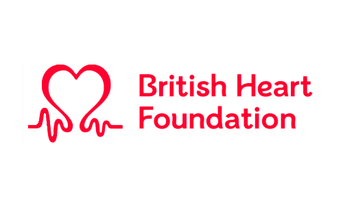 British Heart Foundation logo with a heart and heartbeat line on black background.