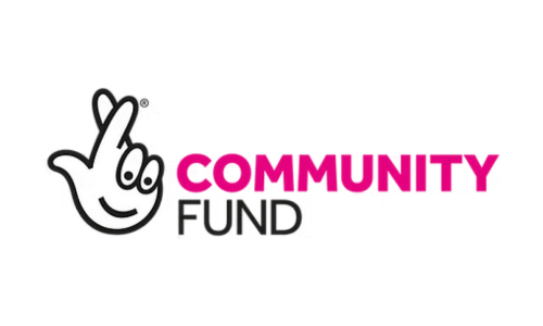 Logo for the Community Fund with a stylized cartoon hand making a peace sign and the words 'Community Fund' in pink and black.