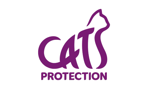 Purple logo with a stylized cat silhouette and the words "CATS PROTECTION" on a black background.