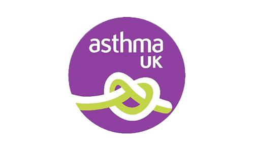 Logo of Asthma UK with purple background and green and white intertwined ribbon