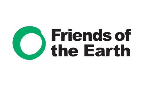 Logo of Friends of the Earth with a green circular symbol and black text.