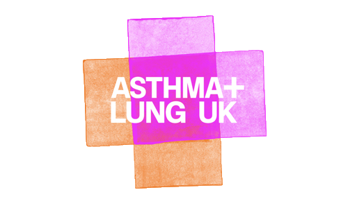 Graphic design with colorful rectangles and the text 'ASTHMA + LUNG UK' in bold white and purple letters.