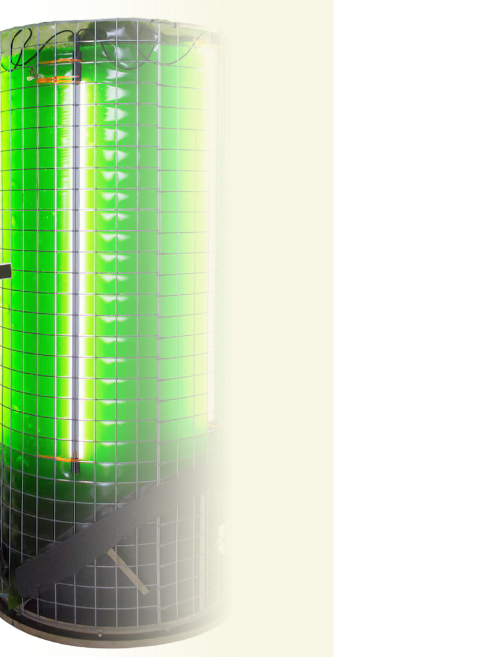 A cylindrical green signal light with a grid cover, turned on.