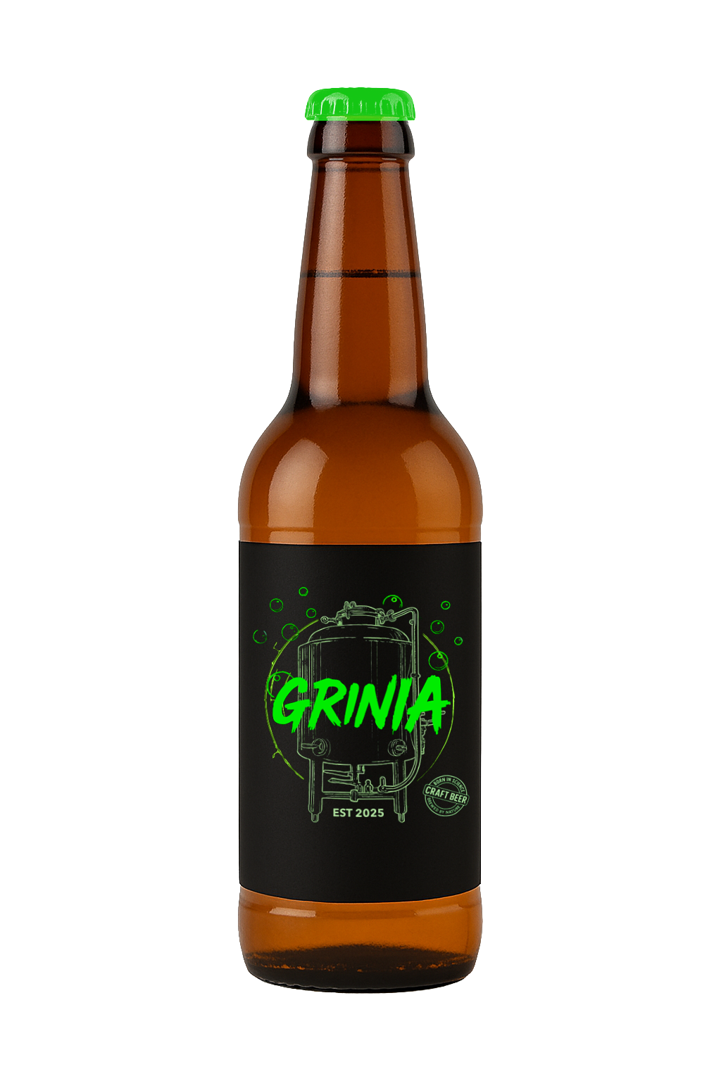 A brown craft beer bottle with a black label that has green glowing text 'GRINIA' and an illustration of a brewing tank, with additional small text indicating it was established in 2025 and is a craft beer.