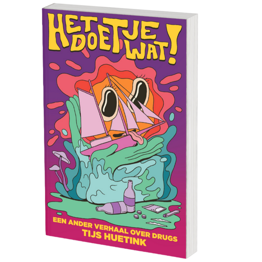Boekmock-up van ‘Het doet je wat!’ van Tijs Huetink, een non-fictieboek over drugs, verleiding en het brein.