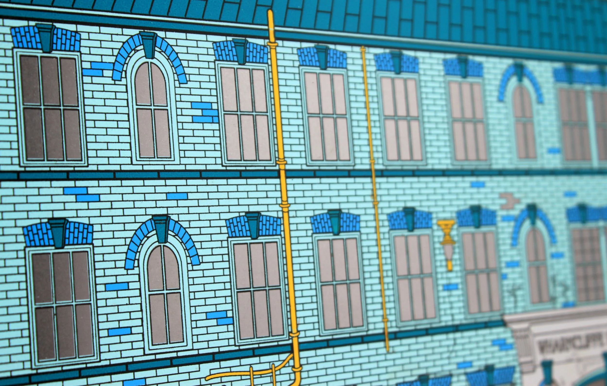A colorful digital illustration of a multi-story brick building with multiple windows, decorative blue arches, and yellow pipes running vertically along the facade.