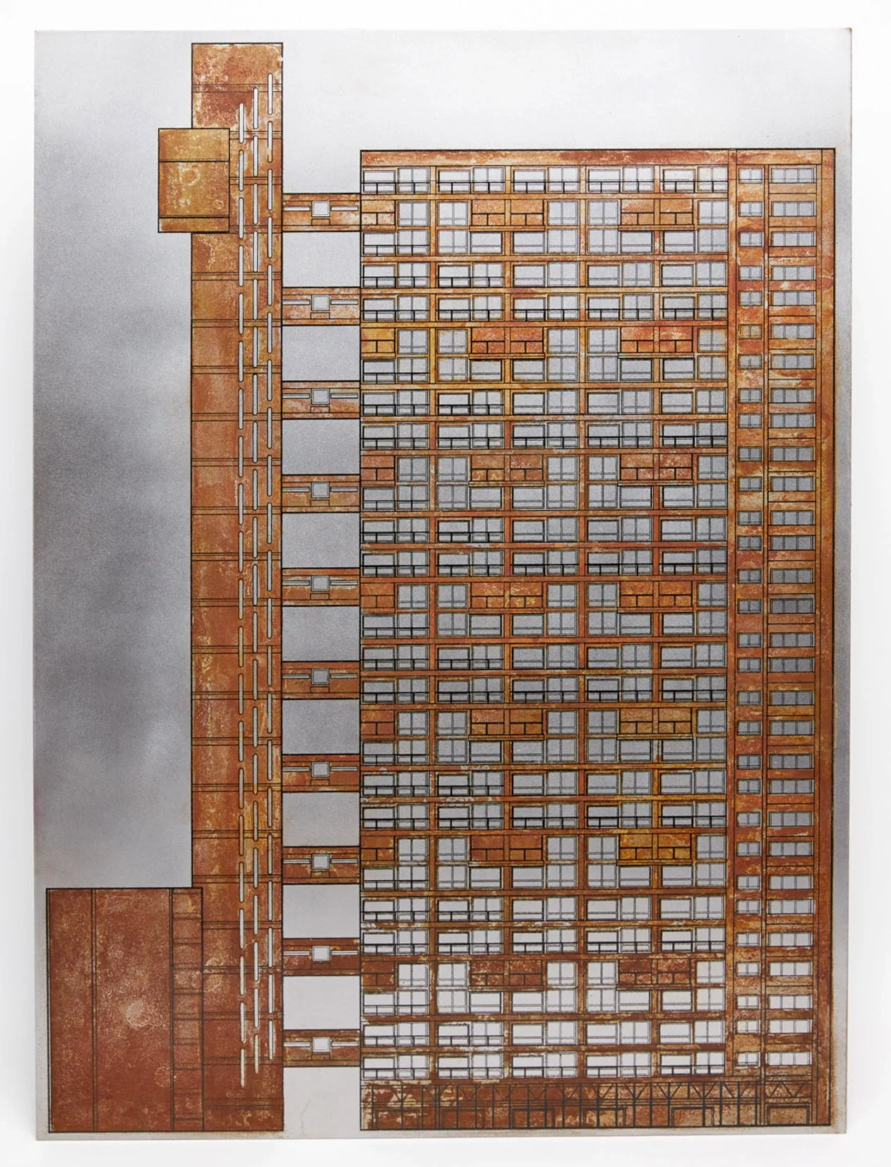 Render of a tall multi-story building with a grid of windows, a brick facade, and construction scaffolding at the bottom.