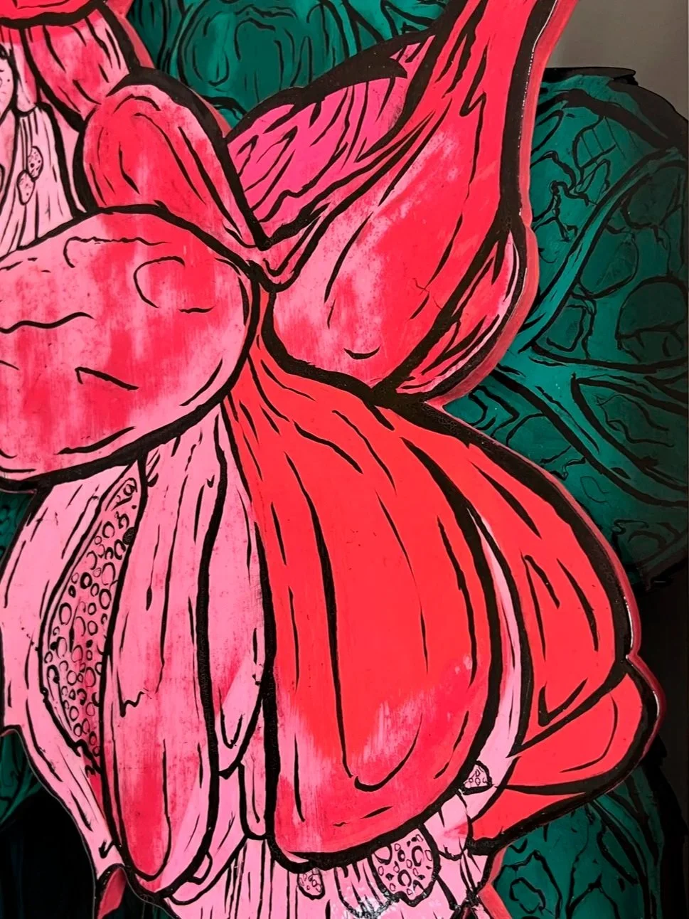 Colorful abstract floral artwork with pink and red petals outlined in black, with green and teal background leaves.
