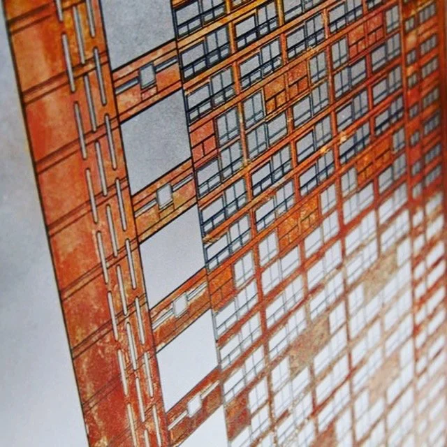 A detailed architectural drawing of a multi-story building with glass windows, orange framing, and various structural elements depicted.