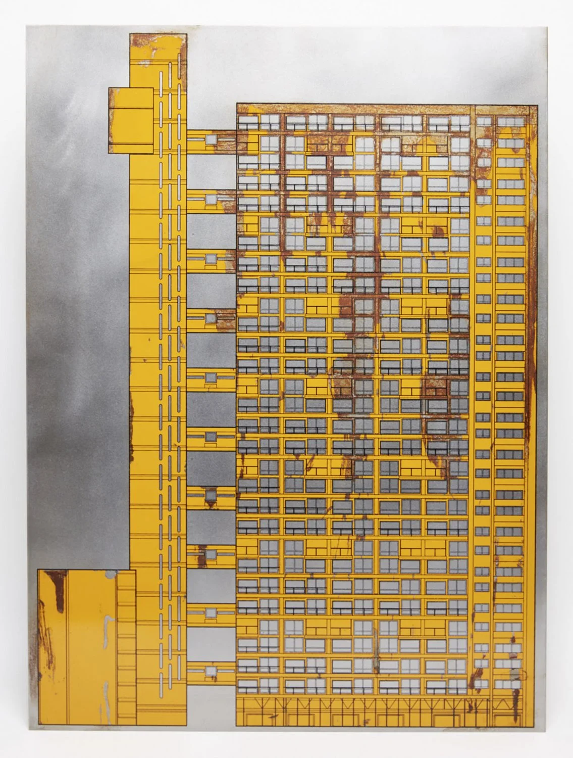 Trellick Tower. 
Enamel paint screenprint with controlled rust on steel plate. (50x70cm)