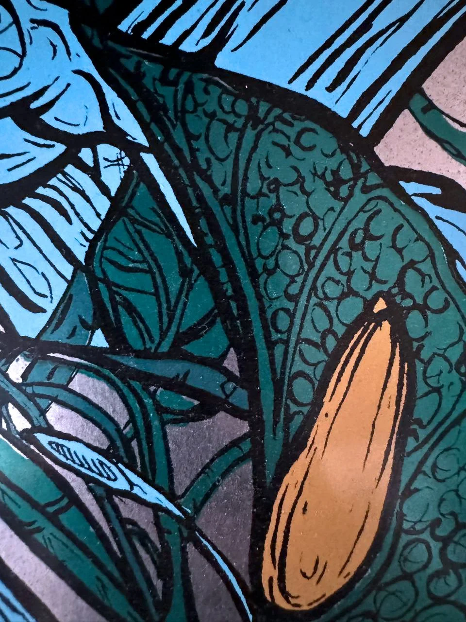 Close-up of a colorful abstract drawing featuring various shapes and patterns in shades of blue, green, black, and orange.