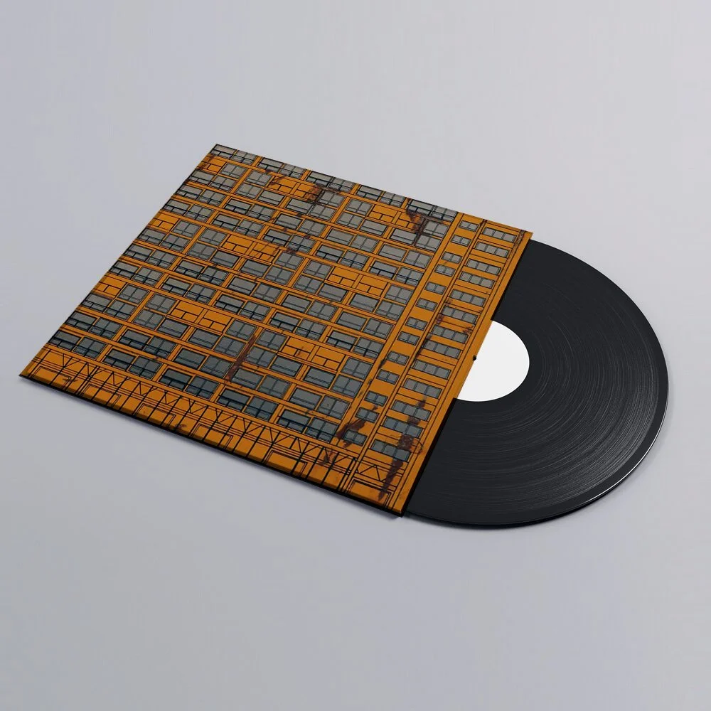 Vinyl record with album cover featuring a photograph of a yellow building facade with multiple windows.