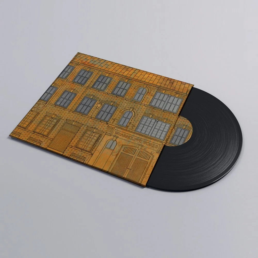 A vinyl record with a cover featuring a drawing of a brick building with multiple windows and a garage.