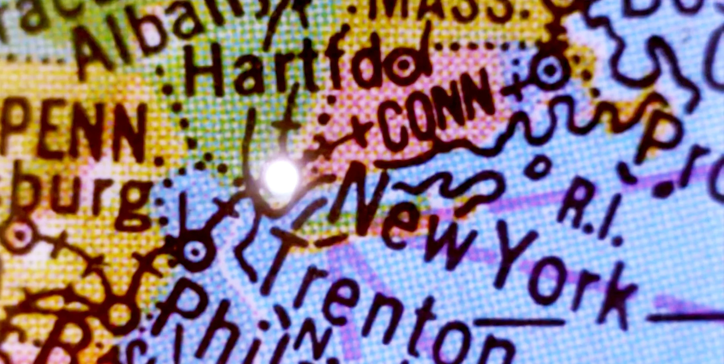Close-up of a map highlighting the northeastern United States, with states such as Vermont, New York, Connecticut, and New Hampshire labeled.