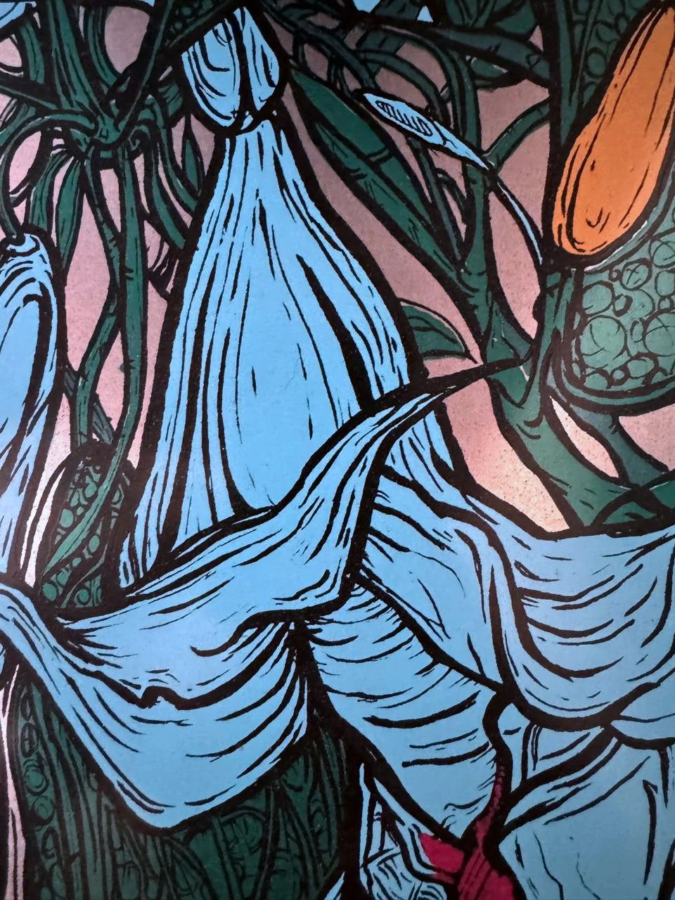 Close-up of a colorful, illustrated botanical scene featuring large, blue and white flowers, green leaves, and orange elements.