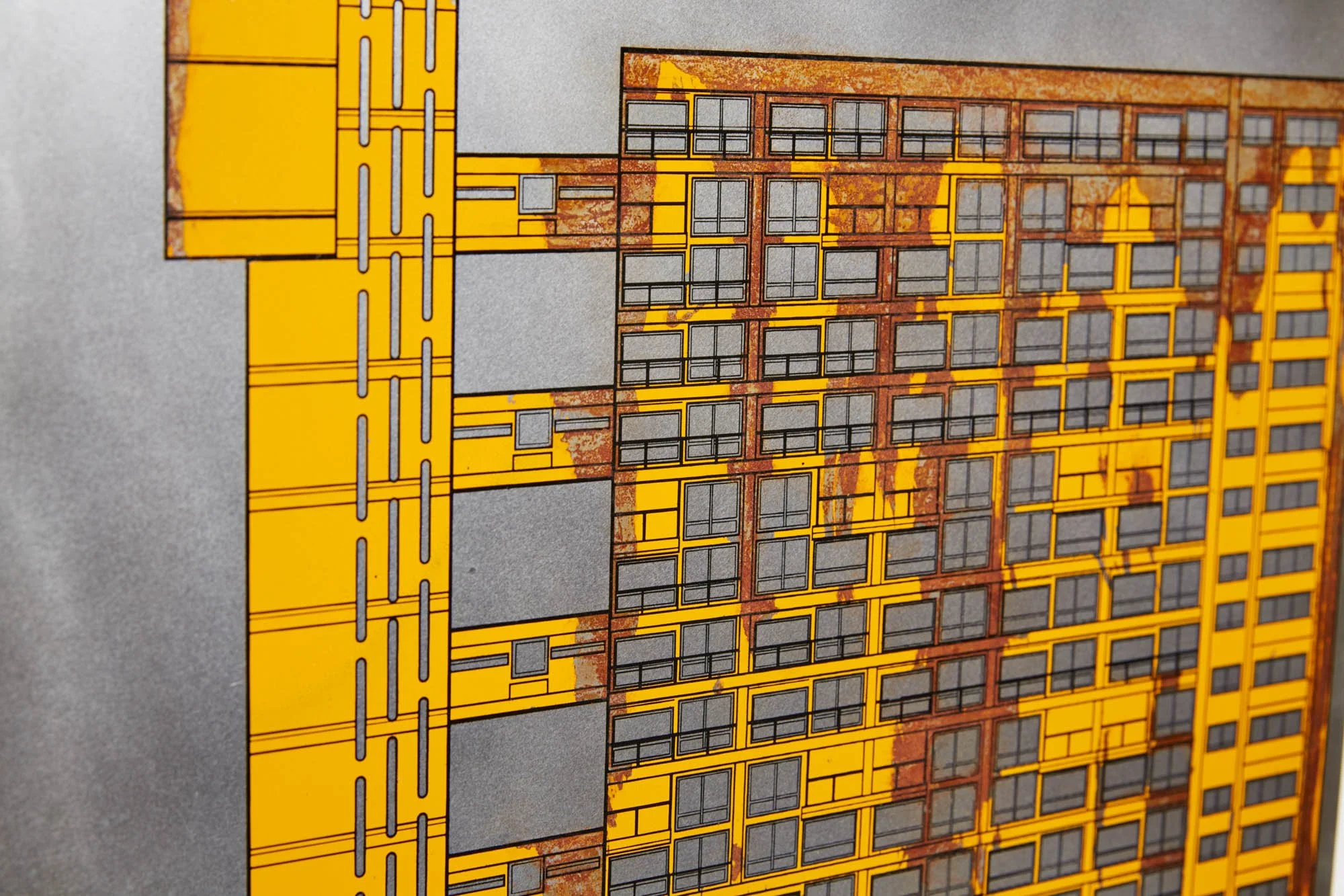 A technical drawing of a high-rise building featuring yellow structural elements, gray windows, and some rusted metal details, viewed at an angle.