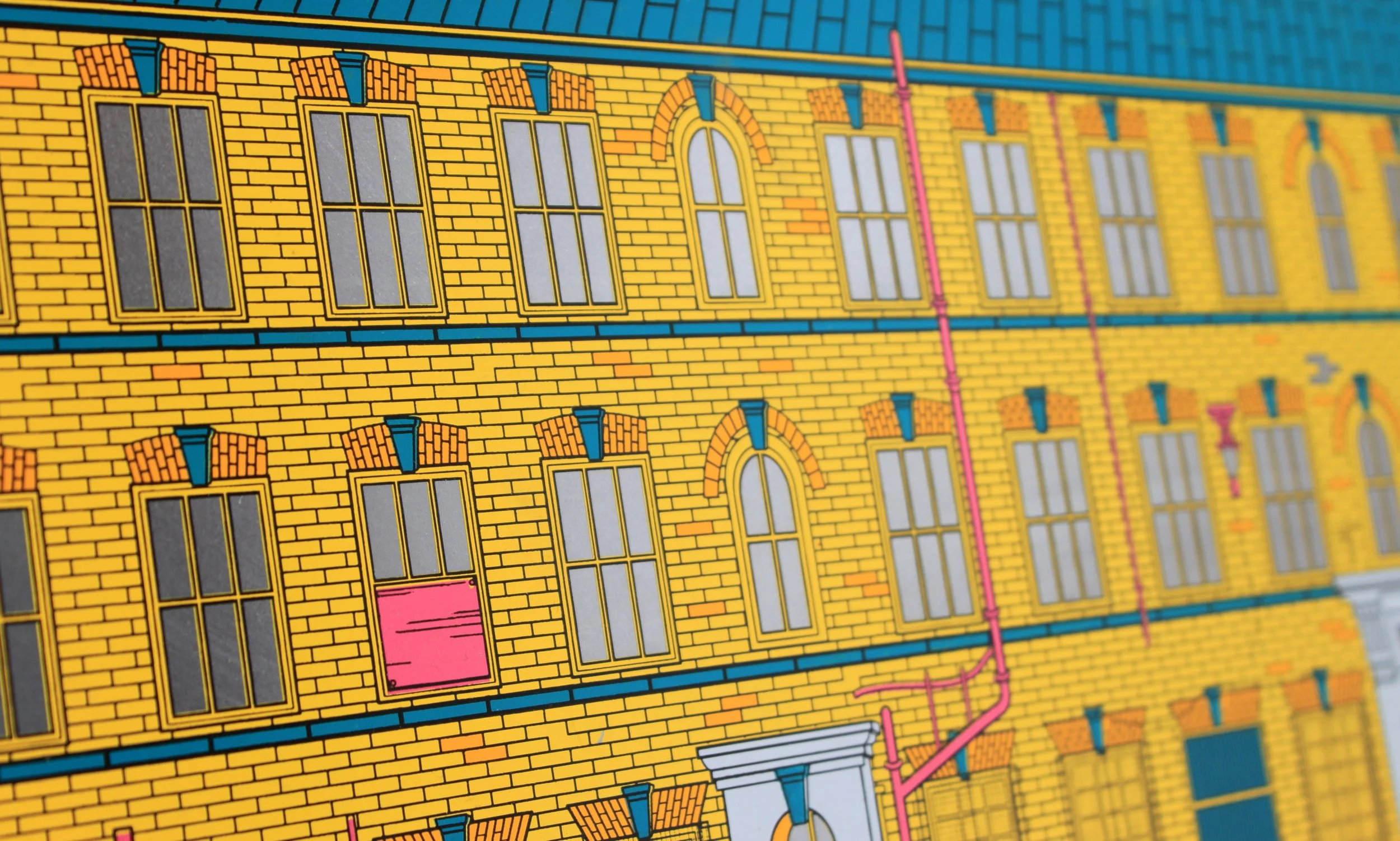 Close-up of a colorful illustrated building with yellow brick walls, multiple windows, and pink pipes.