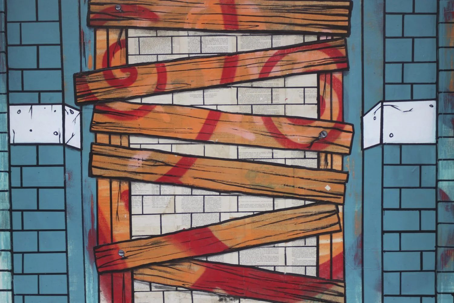 Graffiti of a boarded-up window with wooden planks and bricks, painted in vibrant colors.