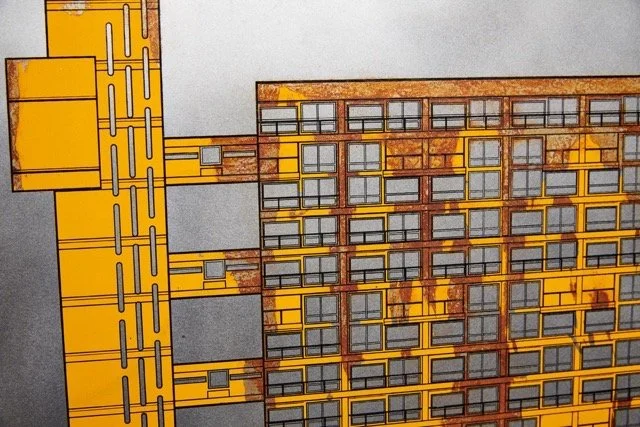 STEELWORKS: Enamel screenprints with manipulated rust to complete illustrations of modernist architecture.