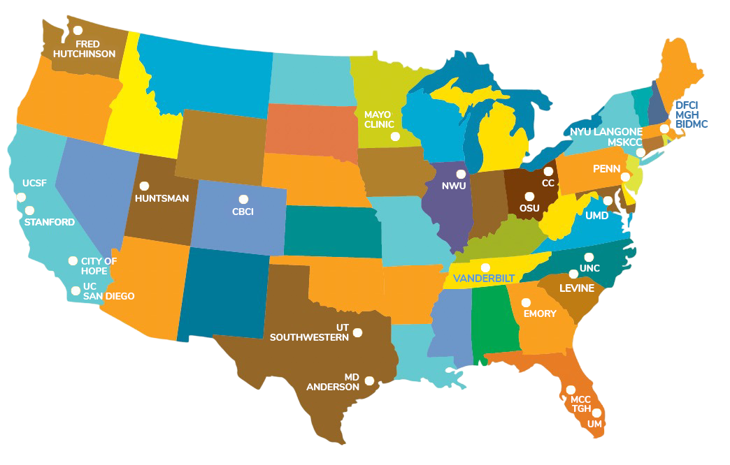 Map of the United States showing academic medical centers participating in the WM-Net investigator network.