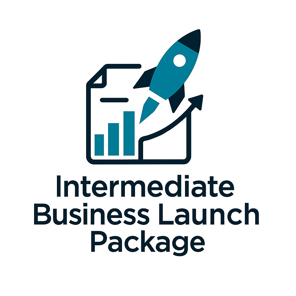 Icon of a rocket launching from a document with a bar chart and an upward arrow, labeled "Intermediate Business Launch Package".