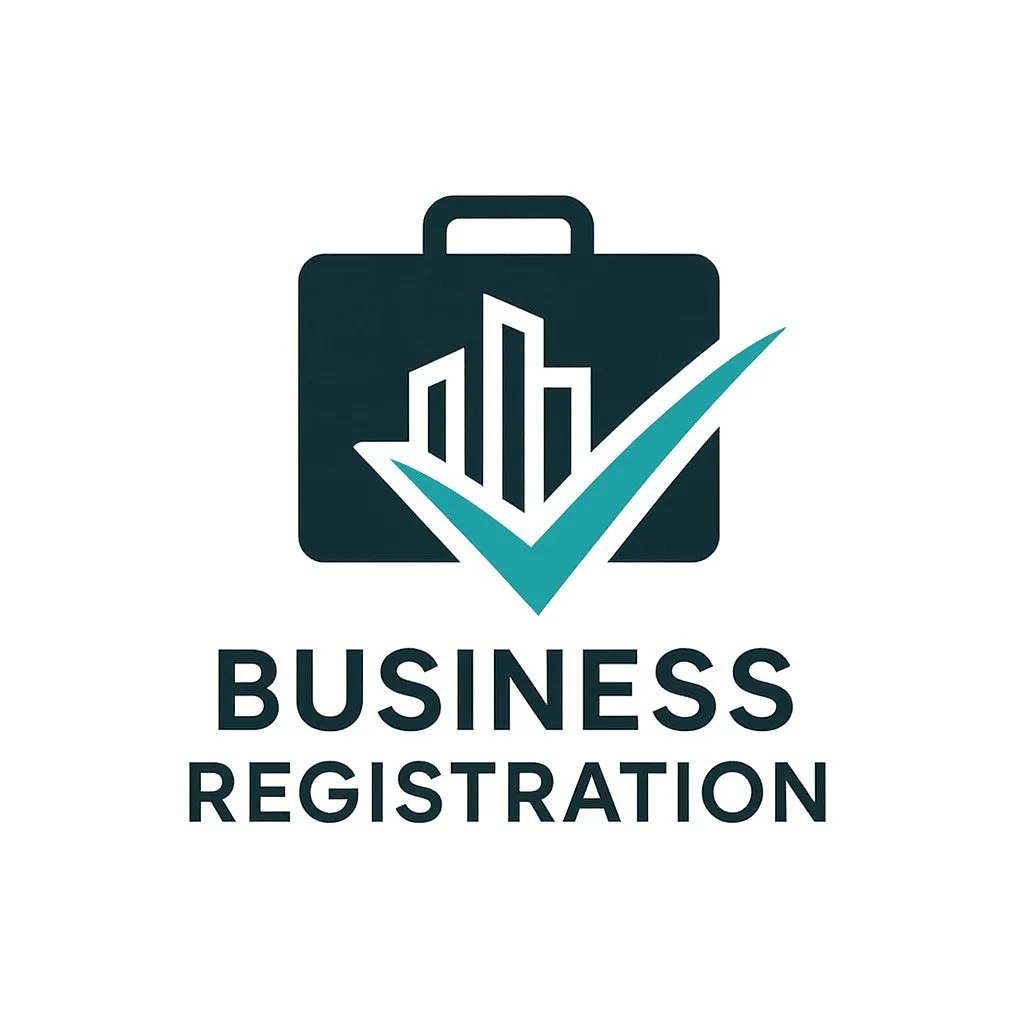 Business registration icon with a briefcase, bar chart, and check mark.