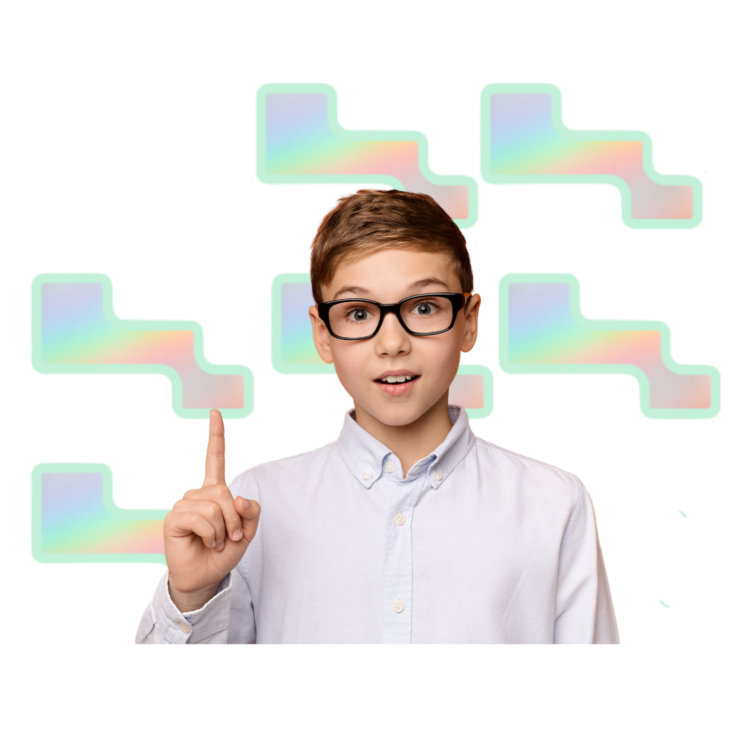 A young boy with glasses, wearing a white button-up shirt, points with his index finger upward, with a surprised or curious expression.