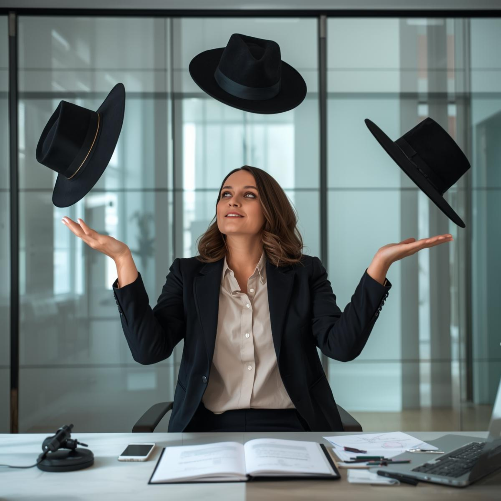 A woman in a business suit juggling hats