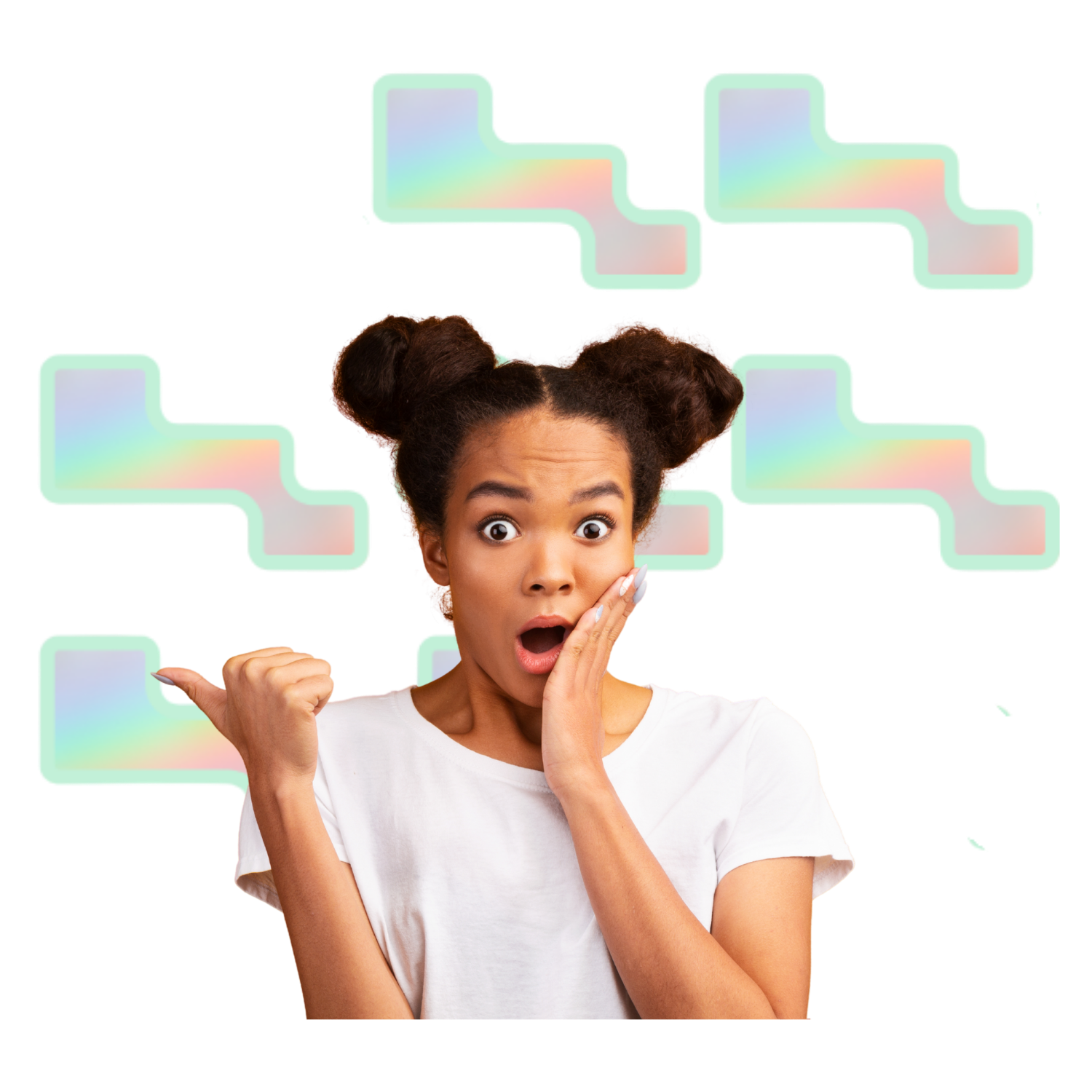 A woman with surprised expression, eyes wide open, one hand near her mouth, and the other pointing to her left.