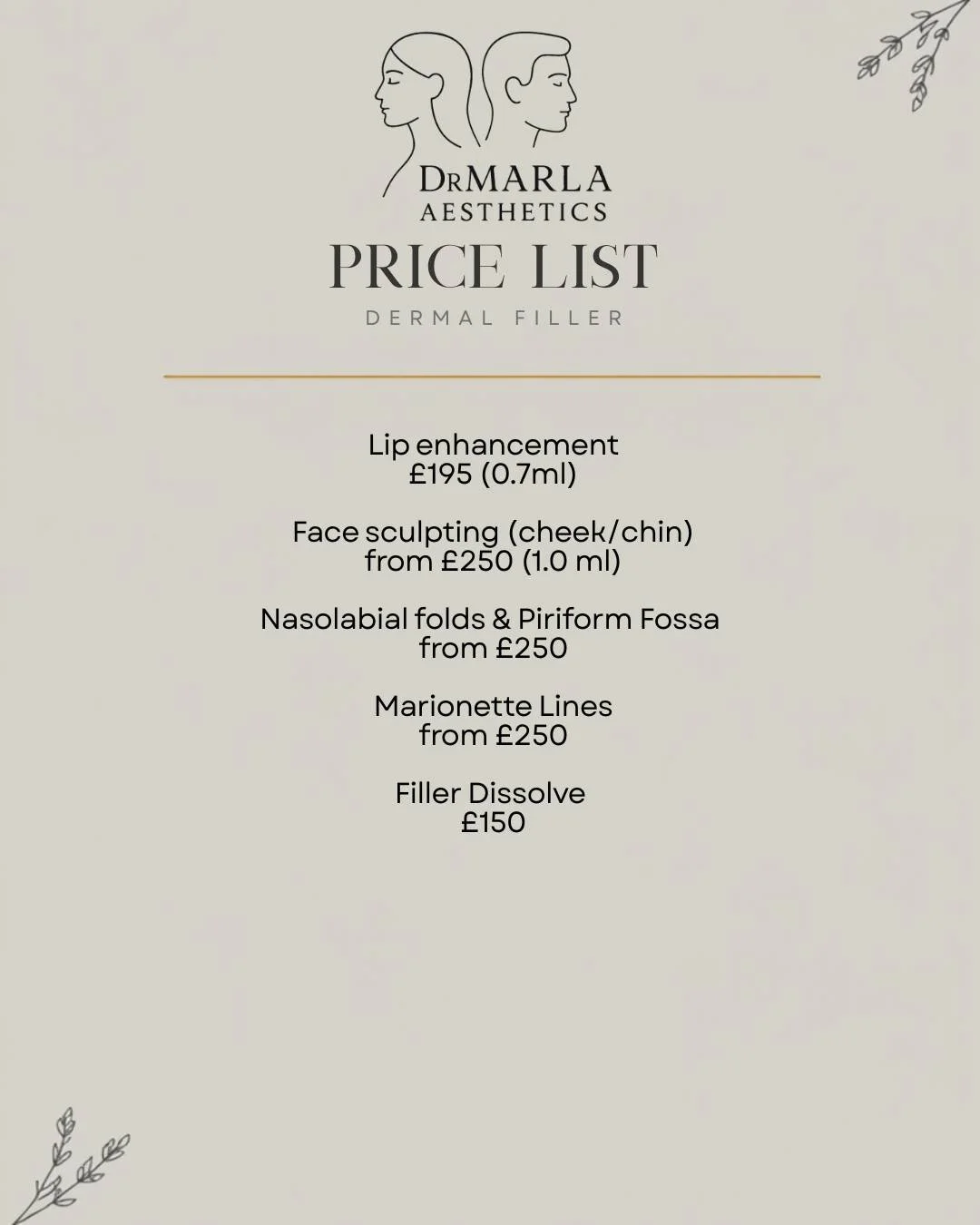 Dermal Filler Price List at Dr Marla Aesthetics 💉✨
#DrMarlaAesthetics #DermalFiller #AestheticMedicine #FillerTreatments #BeautyClinic