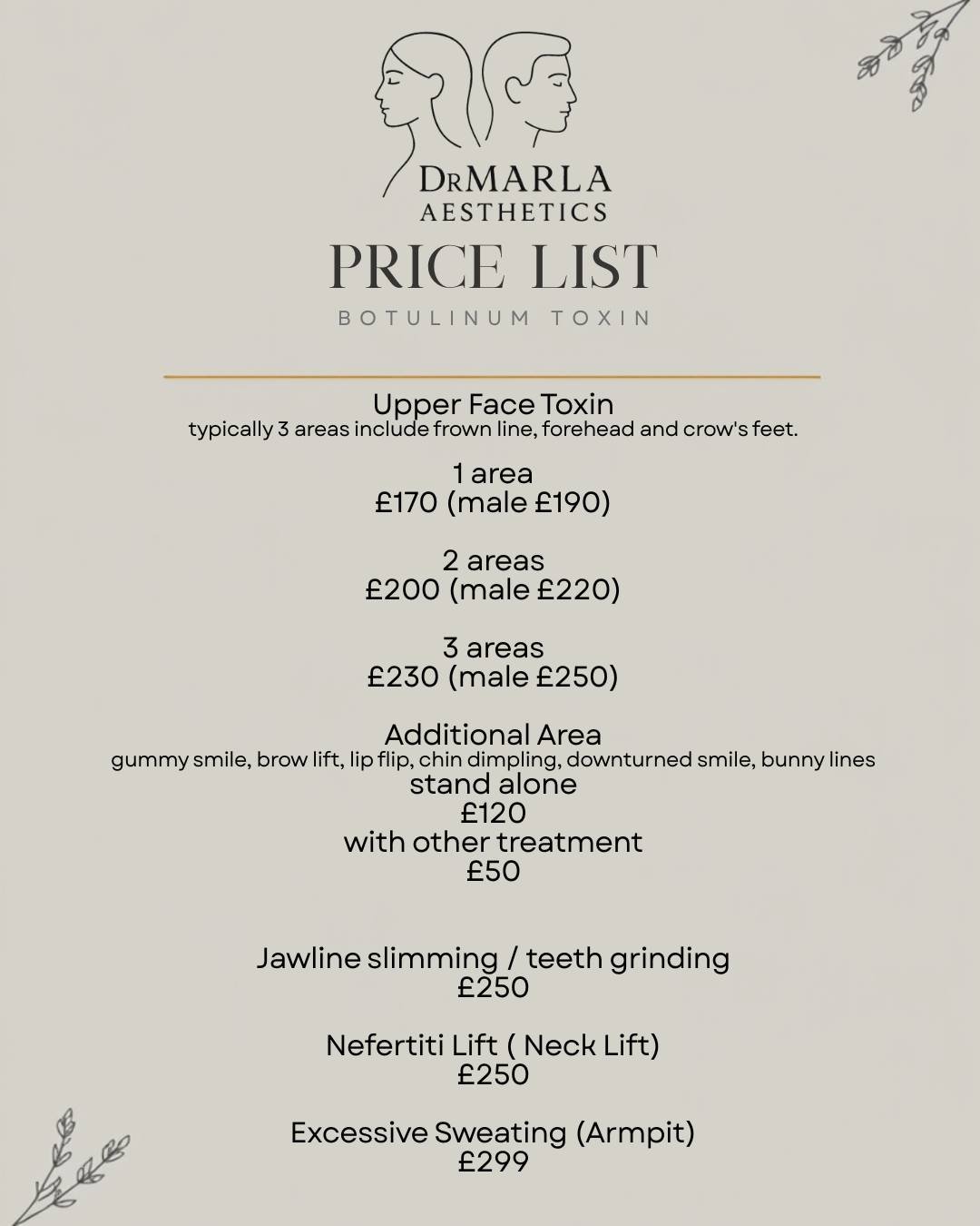 Dr Marla Aesthetics Botox Price List 💉✨
#DrMarlaAesthetics #BotoxPriceList #BotulinumToxin #AestheticClinic #Injectables #WrinkleRelaxer #NaturalResults