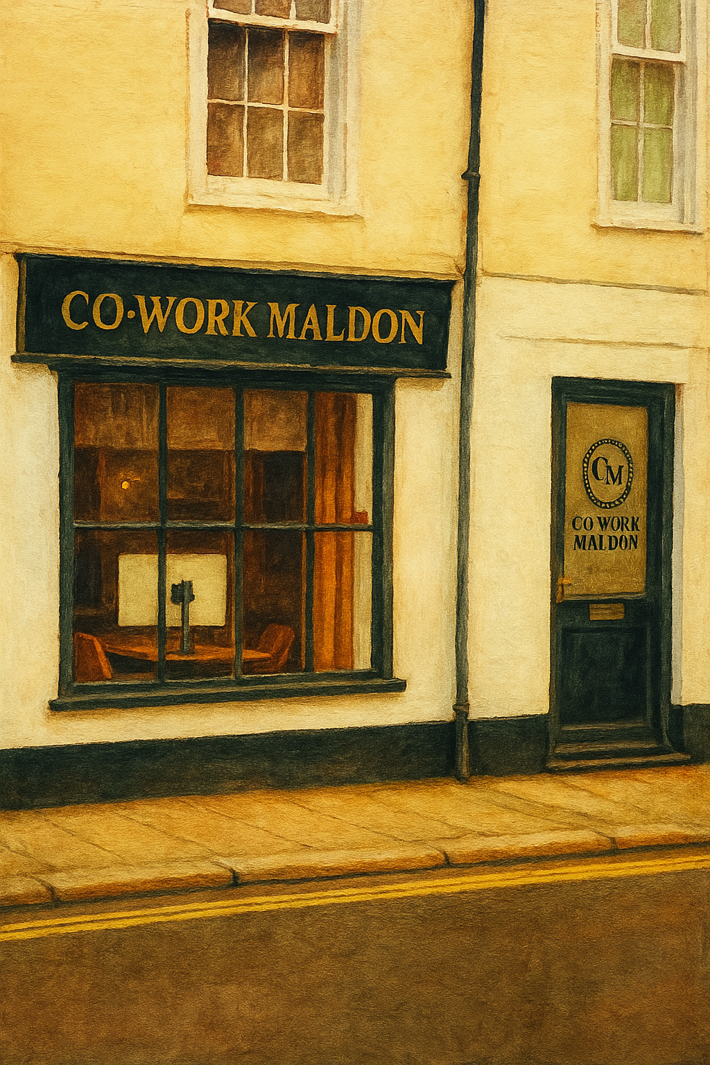 Painting of the exterior of a building with a sign that reads 'Co-Work Maldon' above a large window, showing a cozy interior with a table and chairs, and a door with the same sign.