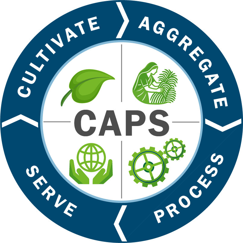 Logo with the word 'CAPS' in the center, surrounded by four icons: a leaf, a woman tending to plants, a globe held in hands, and interconnected gears. The outer ring contains the words 'Cultivate', 'Aggregate', 'Serve', and 'Progress'.