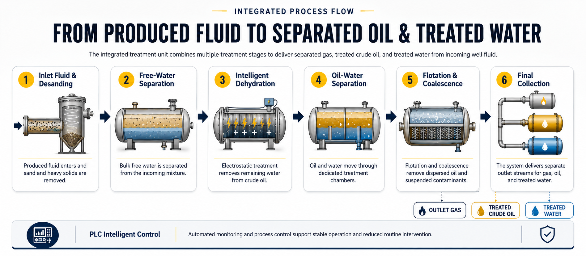 Diagram of an integrated process flow showing six stages from produced fluid to separated oil and treated water. The stages are labeled 1 to 6: Inlet fluid and desanding, free-water separation, intelligent dehydration, oil-water separation, flotation and coalescence, and final collection. Each stage is illustrated with components and descriptions, indicating the flow of gas, crude oil, and water through the system.