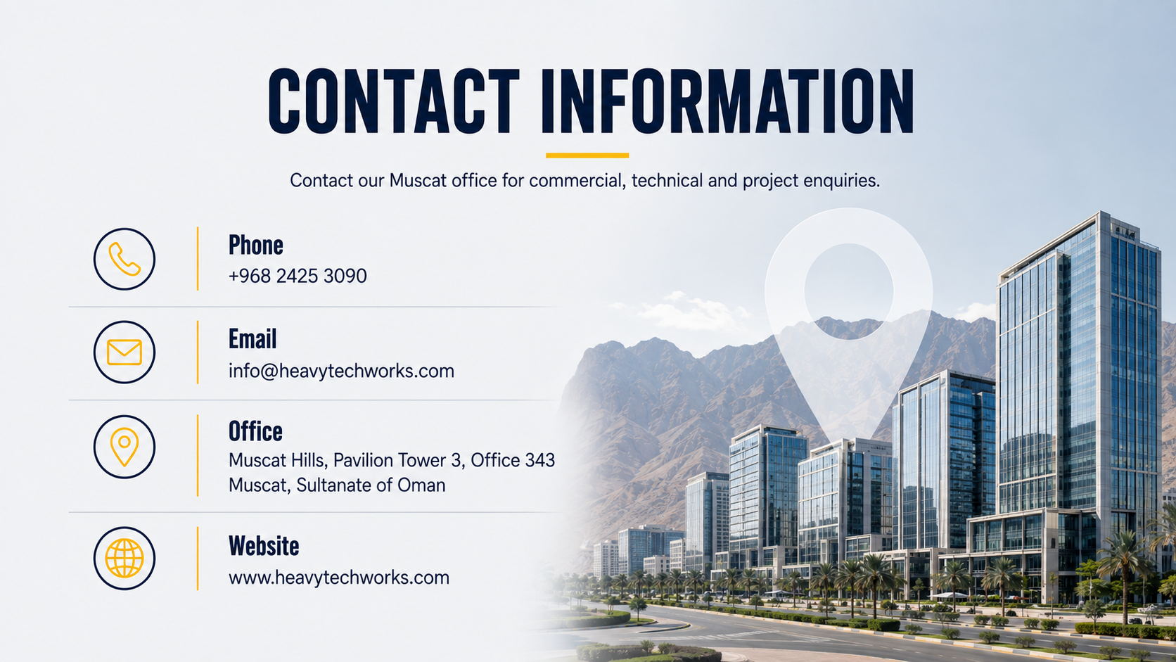 Contact information for Heavy Tech Works, including phone number +968 2425 3090, email info@heavytechworks.com, office address in Muscat, Sultanate of Oman, and website www.heavytechworks.com, with a city skyline and mountain background.