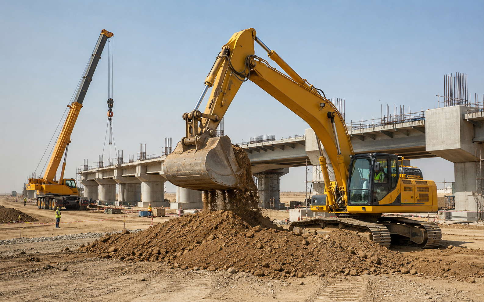 Construction site with excavator and crane working on bridge construction in a desert landscape.