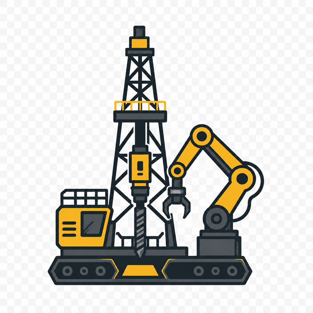 Illustration of an oil drilling rig with a robotic arm attached.