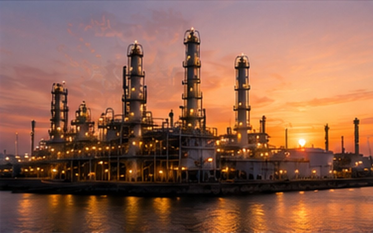 Refinery at sunset with multiple distillation towers and a water body in the foreground