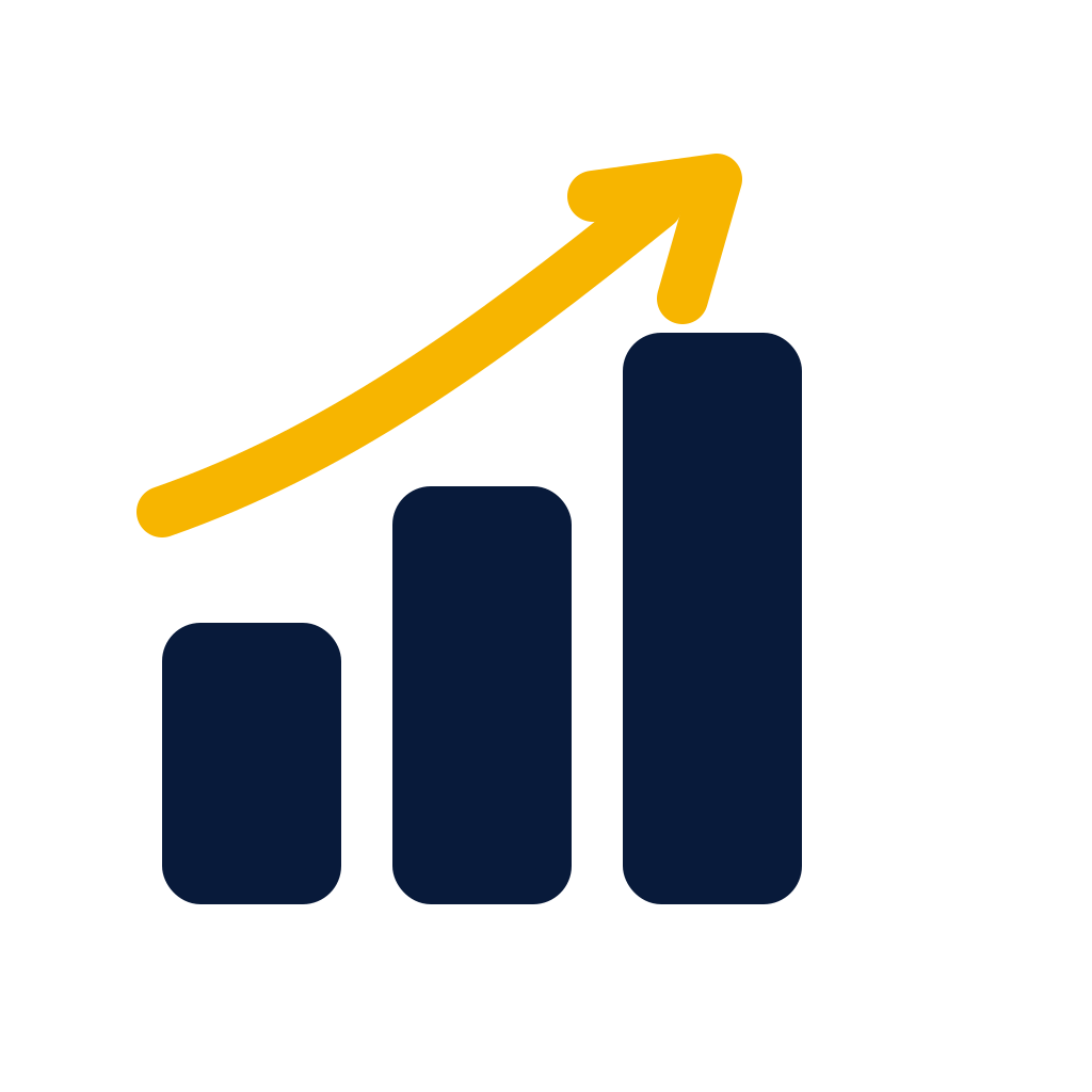 A bar chart with three dark blue bars increasing in height from left to right, and a yellow upward trending arrow above the bars.
