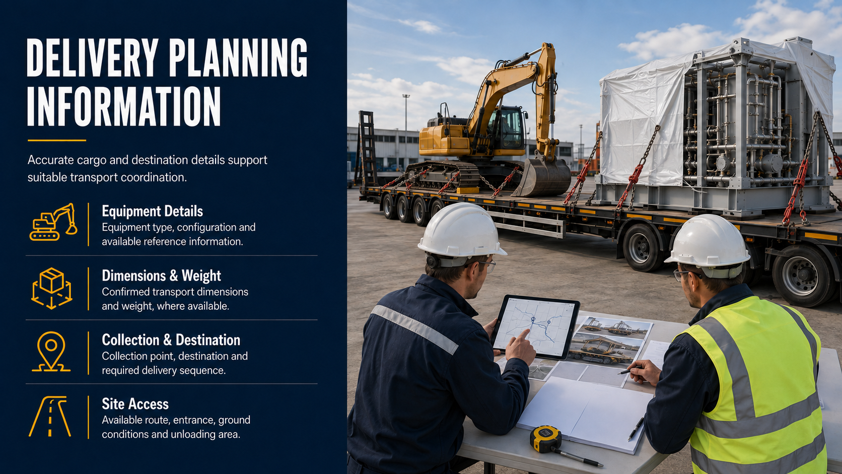 A construction site with two workers in safety gear reviewing logistics plans at a table, with a delivery truck carrying large equipment in the background.