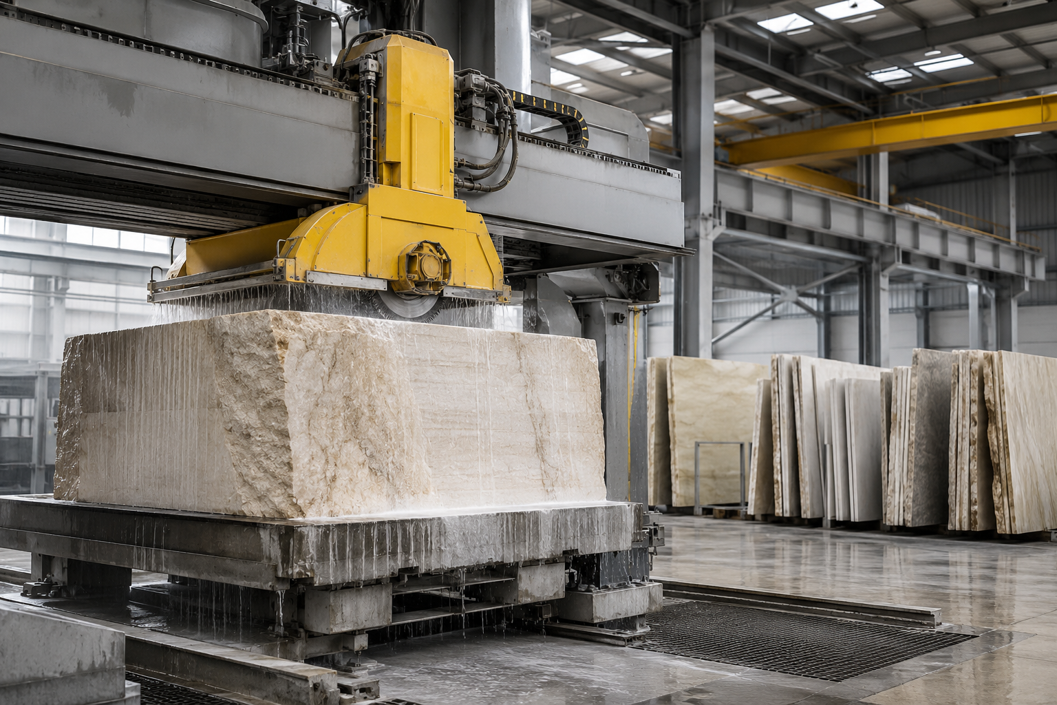 Industrial stone slab cutting machine in a factory with a large marble slab being cut, and other stone slabs stacked in the background.