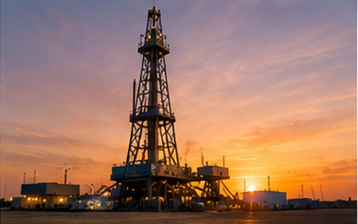 Oil drilling rig silhouette at sunset with a colorful sky in the background.